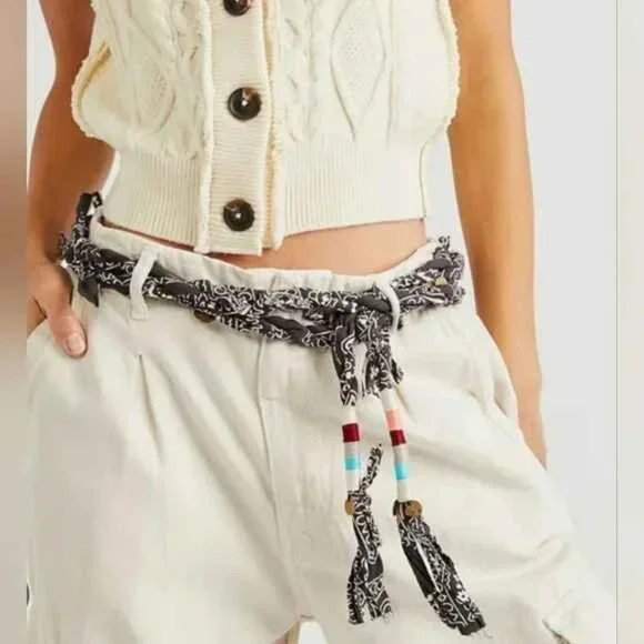 Free People Blue Bandana Twisted Boho Gold Coin Embellished Beaded Wrap Belt NWT Blue Paisley Bandana - 100% Cotton Western Head Wrap Size 50  main image 3